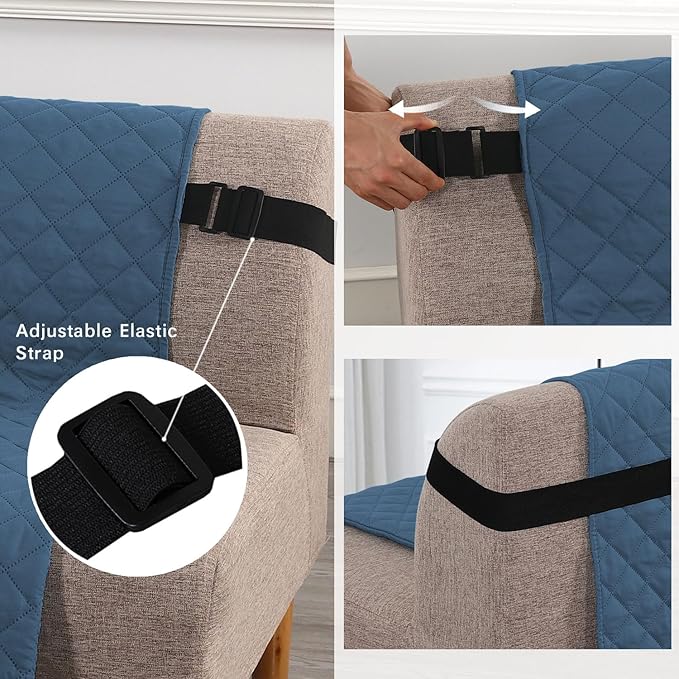 H.VERSAILTEX Reversible Futon Cover Water Repellent Armless Sofa Slipcover Washable Furniture Protector with Adjustable Elastic Strap Anti-Slip Futon Bed Cover for Dogs 70" Width Seat(Dark Blue/Beige)