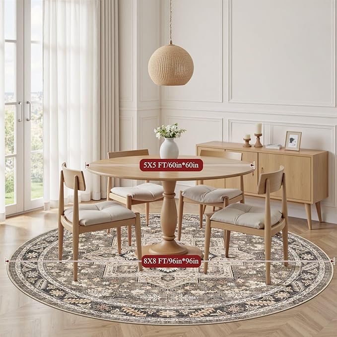 8ft Round Vintage Living Room Area Rug - 8x8 Large Soft Washable Oriental Traditional Distressed Farmhouse Rugs for Bedroom - Indoor Floor Accent Carpet for Home Office House Decor - Brown