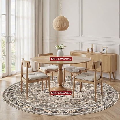8ft Round Vintage Living Room Area Rug - 8x8 Large Soft Washable Oriental Traditional Distressed Farmhouse Rugs for Bedroom - Indoor Floor Accent Carpet for Home Office House Decor - Brown