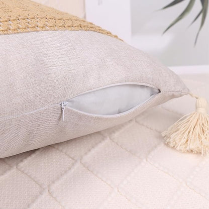 Boho Throw Pillow Covers 18x18in Set of 2,Beige Neutral Pillow Case with Tassel for Large Couch Sofa Room Home Indoor Outdoor Holiday Decorations