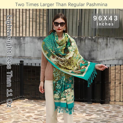 DANA XU 100% Merino Wool Extra Large Pashmina Blanket Travel Scarf Cashmere Wrap for Women Fall Winter Oversize Shawl Floral