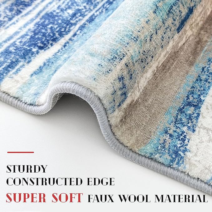 Modern Abstract Runner Rug 2.6x18, Blue Washable Long Kitchen Runner Non-Slip Soft Hallway Rug Runner Thin Print Faux Wool Carpet for Entryway Bedroom Laundry Room Indoor Home Decor