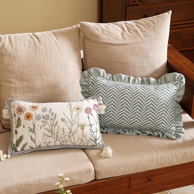 ISAENNE Design Linen Throw Pillow Covers 12"x20", Lumbar Farmhouse Cushion Covers with Yellow Purple Watercolor Wildflower Pattern Decor Pillowcases for Bed,Living Room,Outdoor,Car