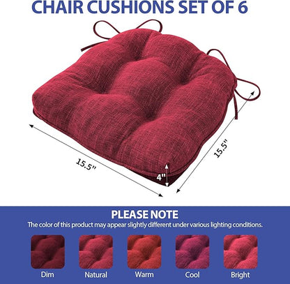 Chair Cushions for Dining Chairs Set of 6, Red Kitchen Chair Cushions, Chair Pads with Ties and Non Slip Backing, Christmas Room Decor, Tufted Memory Foam Seat Cushion 6 Pack, 15.5"x15.5"x4"