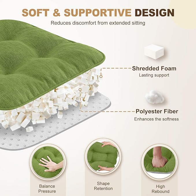 downluxe Indoor Chair Cushions for Dining Chairs, Tufted Overstuffed Textured Foam Kitchen Chair Pads with Ties and Non-Slip Backing, 15.5" x 15.5" x 4", Grass Green, 4 Pack