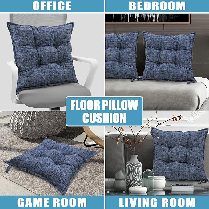 SINSOSSO Large Floor Pillows 22", Thickened Bite-Size Memory Foam Square Non-Slip Cushions for Office Back Support/Yoga/Chair Seat, Fashionable Color-Blocked Fabric & Washable, Blue, 2 PCS