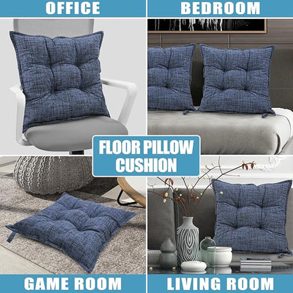 SINSOSSO Large Floor Pillows 22", Thickened Bite-Size Memory Foam Square Non-Slip Cushions for Office Back Support/Yoga/Chair Seat, Fashionable Color-Blocked Fabric & Washable, Blue, 2 PCS