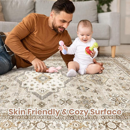 Vintage Living Room Area Rug 12x15 - Large Soft Washable Oriental Traditional Distressed Farmhouse Rugs for Bedroom - Indoor Floor Accent Carpet for Home Office House Decor - Beige