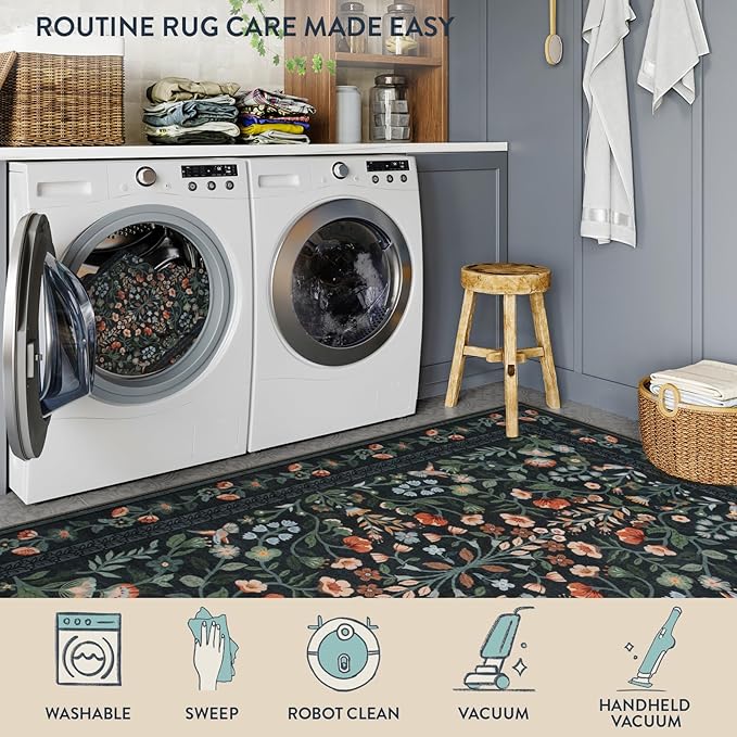 Lahome Floral Washable Rug 5x7, Black Rug for Bedroom Non-Slip Stain Resistant Soft Carpet for Living Room, Vintage Botanical Print Low-Pile Carpet for Kitchen Office Entryway, Black