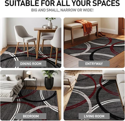 Rugshop Modern Wavy Circles Design Non-Shedding Round Rug, Carpet for Dining Room or Living Room, Red, 6'6" Round