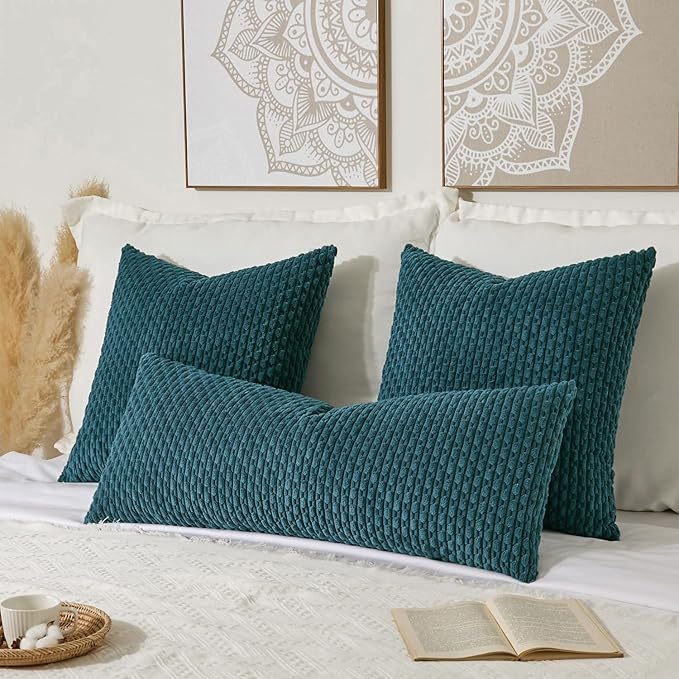 Kevin Textile 20x54 Inch Long Body Lumbar 1 Pack Boho Decorative Throw Pillow Cover Soft Striped Corduroy Rectangle Cushion Case Farmhouse Accent for Living Room Couch Sofa Bed, Teal Blue