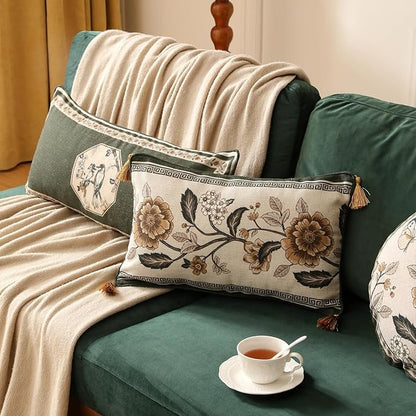 ISAENNE Design Linen Chinoiserie Rectangle Throw Pillow Covers 12"x20", Farmhouse Cushion Covers with Yellow Floral Birds Pattern Decoration Pillowcases for Bed,Living Room,Outdoor,Car