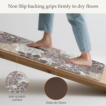 GENIMO Kitchen Mats for Floor, Kitchen Rugs Non Slip Washable Sets of 2, Waterproof Cushioned Anti Fatigue Mat, Floral Runner Rug for Laundry, Sink, Office, Home, 17.3"x47"+17.3"x30", Coffee Brown