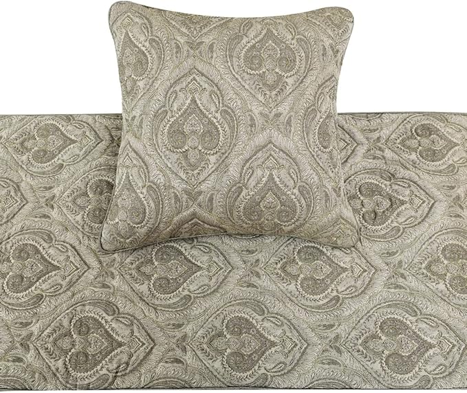 The HomeCentric King/Queen/Twin Grey Decorative Twin 53"x18" Bed Runner with 2 Pillow Cover, Quilted, Damask& Gold Zari Embroidery Bed Scarf on Silk Fabric - Winifred