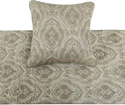 The HomeCentric King/Queen/Twin Grey Decorative Twin 53"x18" Bed Runner with 2 Pillow Cover, Quilted, Damask& Gold Zari Embroidery Bed Scarf on Silk Fabric - Winifred