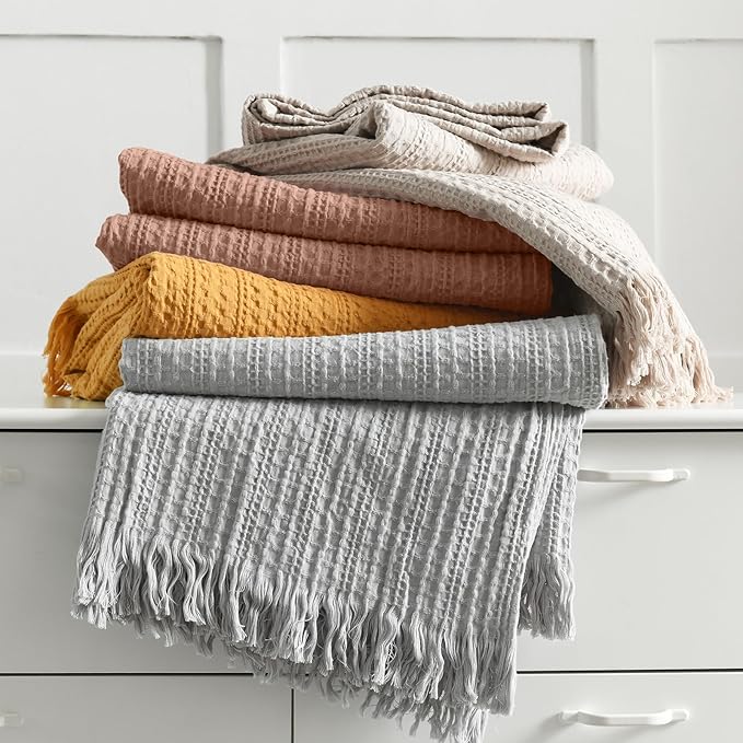 100% Cotton Waffle Queen Blanket with Fringe 90"x90", Pre-Washed Waffle Weave Blanket for All Season, Lightweight Breathable Soft Cozy Throw Blanket for Couch, Bed, Travel (Light Grey)