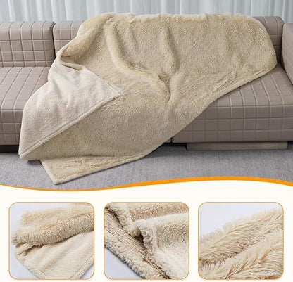 Waterproof Calming Dog Blanket Cream Long Faux Fur Pet Throw Blankets for Medium Dogs Cats Couch Sofa Covers Love Bed Cover Washable(Cream,L-65x57in)