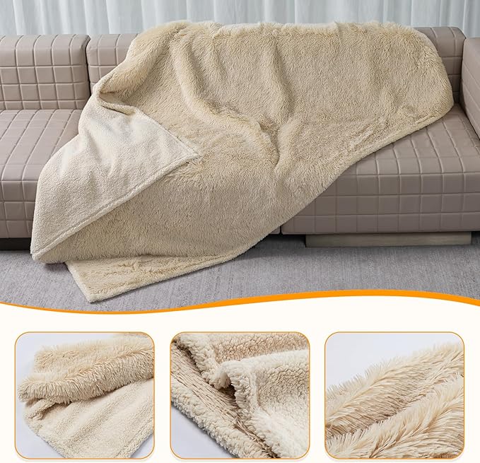 Waterproof Dog Couch Throw Blanket Beige Calming Cat Blankets for Sofa Bed Cover Fluffy Long Faux Fur Dogs Love Bed Covers Washable(Beige,XS-28x20in)