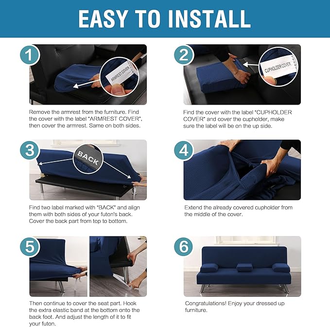 H.VERSAILTEX 4 Pieces Stretch Futon Covers Sofa Bed Slipcover with Removable Armrests and Cupholders Covers Furniture Protector High Spandex Small Checks Jacquard Fabric, Navy