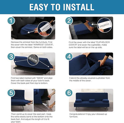 H.VERSAILTEX 4 Pieces Stretch Futon Covers Sofa Bed Slipcover with Removable Armrests and Cupholders Covers Furniture Protector High Spandex Small Checks Jacquard Fabric, Navy