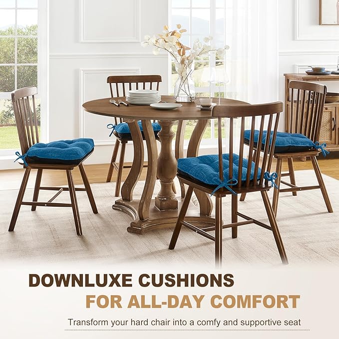 downluxe Indoor Chair Cushions for Dining Chairs, Tufted Overstuffed Textured Foam Kitchen Chair Pads with Ties and Non-Slip Backing, 15.5" x 15.5" x 4", Turquoize, 4 Pack