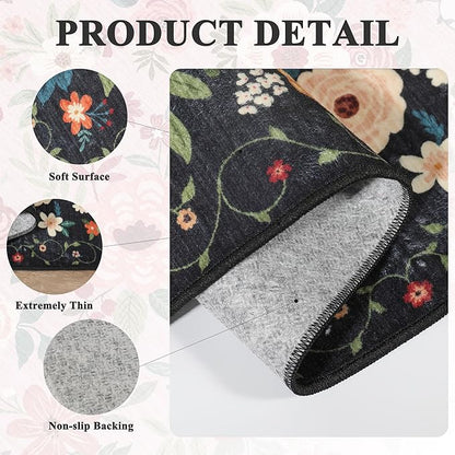 DUKINO 2x6 Runner Rug for Hallway, Washable Kitchen Runner Rug with Non Slip Backing, Low Pile Soft Boho Floral Runner for Kitchen, Hallway, Entryway, Laundry, Bedroom, Black