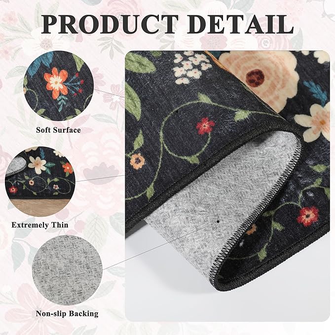 DUKINO Runner Rug, 2x10 Kitchen Runner Rug for Hallway with Non Slip Backing, Washable Low Pile Soft Boho Floral Carpet for Kitchen, Entryway, Hallway, Laundry, Bedroom, Black
