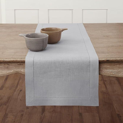 Solino Home Linen Soft Grey Table Runner 132 Inches Long - 100% Pure Linen Extra Long Table Runner 14 x 132 Inch for Christmas, New Year - Classic Hemstitch