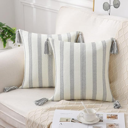 Smile Bee Boho Outdoor Couch Throw Pillow Covers Set of 2 Decorative Thick Woven Striped Accent Neutral Pillow Covers with Tassels for Bed Sofa Home Decor 18x18 Inch, Grey and Cream White