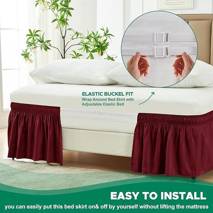 Biscaynebay Wrap Around Bed Skirts for King & Cal King Beds 16" Drop, Burgundy Adjustable Elastic Dust Ruffles Easy Fit Wrinkle & Fade Resistant Silky Luxurious Fabric Solid Machine Washable