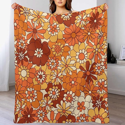 Vintage 70s Throw Blanket, Boho Hippie Bright Orange Flowers Groovy Abstract Funny Art Print Blanket for Couch Sofa Bed 60"x80"