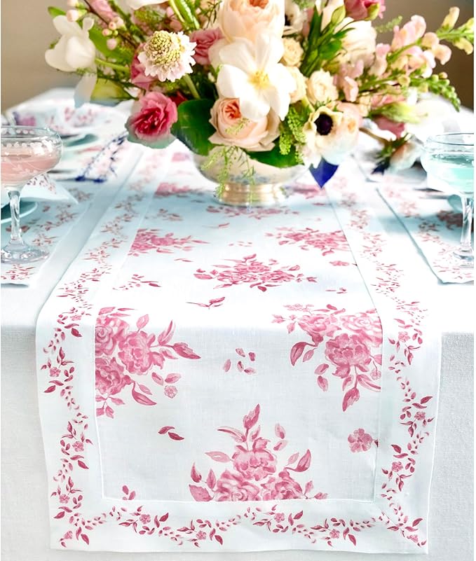 Solino Home Pink Floral Print Table Runner 108 Inches Long - 100% Pure Linen Table Runner 14 x 108 Inch - Handcrafted and Machine Washable - Jolie Fleur Print