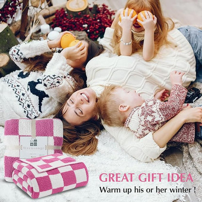 WRENSONGE Checkered Throw Blanket, Hot Pink Soft Cozy Fluffy Warm Hand Made Throw Blankets for Couch, Sofa, Chair, Bed, Camping, Picnic, Travel Lightweight Bed Blanket - 50"*70"