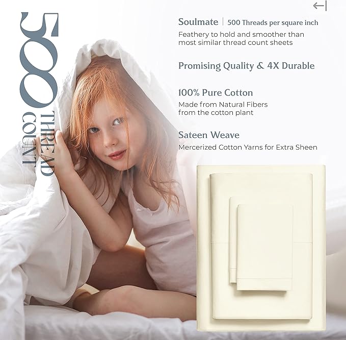 Mayfair Linen 100% Cotton Bed Sheets Full Sheet Set - 500 Thread Count Sheets Full Size 4 PC Set (Ivory), Soft, Cooling, Hotel-Quality 16" Deep Pocket Sateen Weave Cotton Bedsheet for Hot Sleepers
