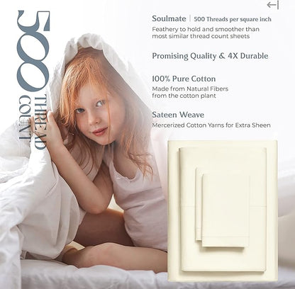 Mayfair Linen 100% Cotton Twin XL Sheet Set - 500 Thread Count Sheets Twin XL Size 3 PC Set (Ivory), Soft, Cooling, Hotel-Quality 16" Deep Pocket Sateen Weave Cotton Bedsheet for Dorm Room