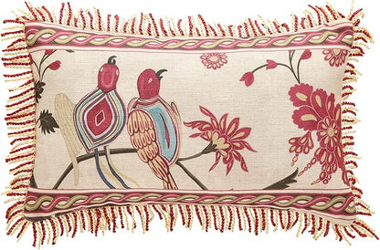 patdrea Designer Throw Pillow Covers 12"x20",Vintage Flowers and Bird Pattern Linen Pillowcases with Tassel Edges Pillows Cover for Couch,Decorative Rectangle Cushion for Living Room Outdoor Car