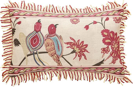 patdrea Designer Throw Pillow Covers 12"x20",Vintage Flowers and Bird Pattern Linen Pillowcases with Tassel Edges Pillows Cover for Couch,Decorative Rectangle Cushion for Living Room Outdoor Car