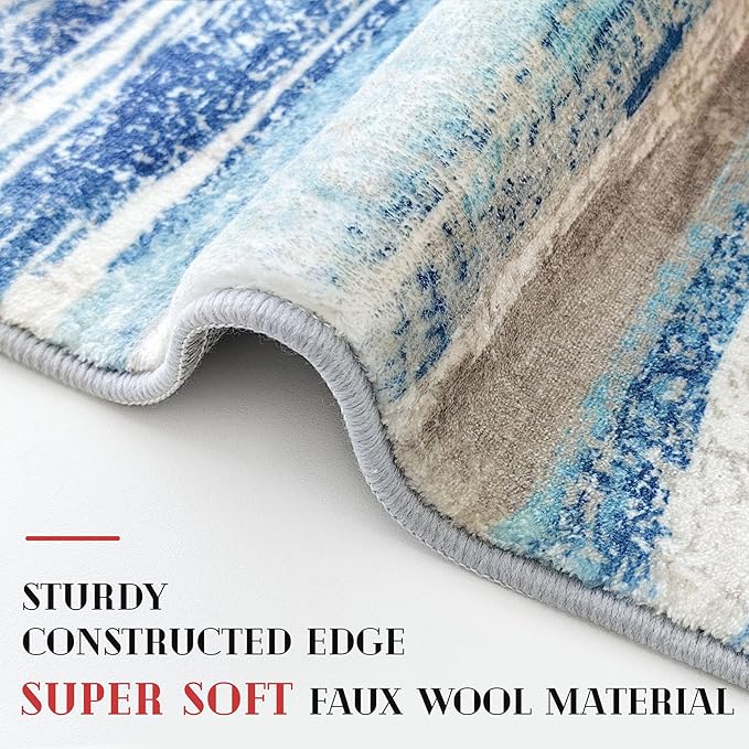 Modern Abstract Kitchen Rug Set of 2, 2x3 and 2x6 Blue Washable Rug Runner Non Slip Kitchen Mat, Soft Faux Wool Throw Carpet for Entryway, Hallway, Bedroom, Bedside, Laundry Room, Office