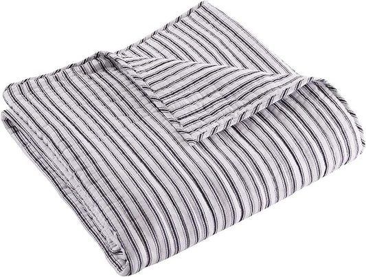 Levtex Home - Tobago Stripe Charcoal - Quilted Throw - 50x60in. - White, Charcoal - Reversible Pattern - Cotton Fabric