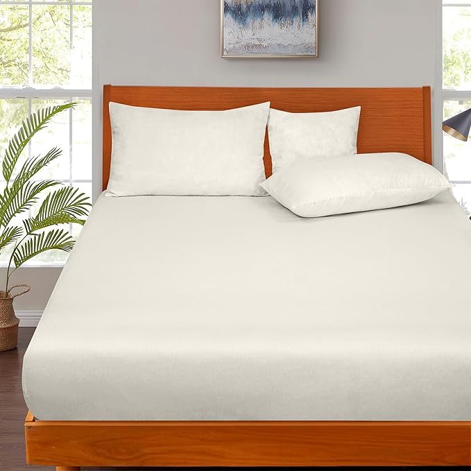 ROYALE LINENS 300 Thread Count 100% Long Staple Combed Cotton Fitted Sheet Twin - Super Soft Deep Pocket Bottom Sheet - Fitted Sheets Only - Elastic Sheets (Twin, Cream)