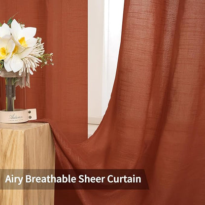 MIULEE Burnt Orange 2 Panels 84 Inch Long Farmhouse Linen Sheer Window Curtains Elegant Terracotta Rust Fall Autumn Drapes Grommet Top Linen Textured Voile for Bedroom Living Room (52 X 96 Inch)