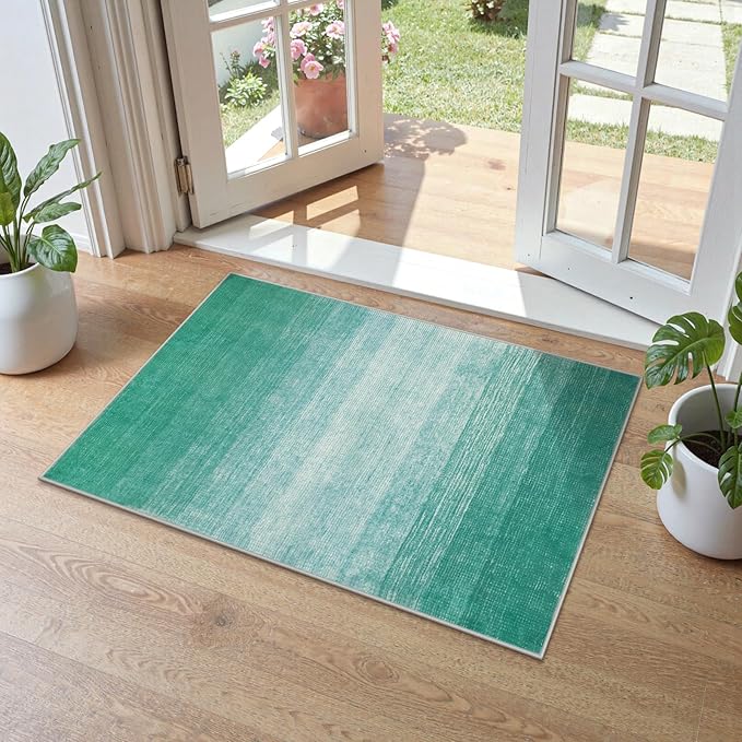Wonnitar Modern Ombre Small 2x3 Rug, Washable Teal Kitchen Sink Rugs, Non-Slip Abstract Soft Bathroom Throw Mat, Non-Shedding Gradient Indoor Accent Carpet for Bedside Bath Bedroom (Teal, 2'x3')