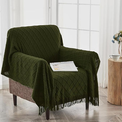 inhand Knitted Throw Blankets for Couch and Bed, Soft Cozy Knit Blanket with Tassel, Dark Green Lightweight Decorative Blankets and Throws, Farmhouse Warm Woven Blanket for Men and Women, 60"x80"