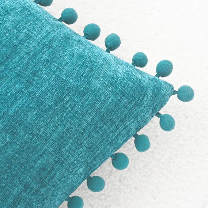 CaliTime Throw Pillow Covers Decorative 20 X 20 Inches Pack of 2 Cozy Solid Dyed Soft Chenille Cushion Cases with Pom Poms for Couch Sofa Bed Living Room Home Lake Blue