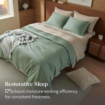 Double Stitch Cotton Tencel Duvet Cover - King Size Comforter Cover, Luxury & Soft Eucalyptus Lyocell Bedding Set for Hot Sleepers, Cooling & Breathable, Button Closure, Sage Green Contrast, 106"x90"