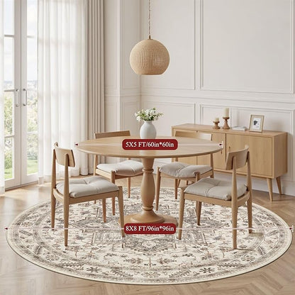 8ft Round Vintage Living Room Area Rug - 8x8 Large Soft Washable Oriental Traditional Distressed Farmhouse Rugs for Bedroom - Indoor Floor Accent Carpet for Home Office House Decor - Light Brown