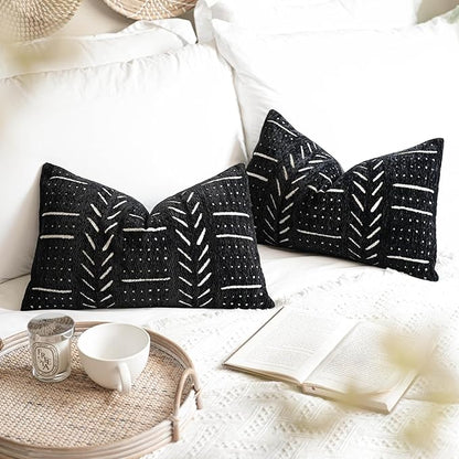 BlissBlush Black Decorative Lumbar Throw Pillow Covers 12X20, Set of 2, Boho Farmhouse Cushion Cover, Soft Accent Pillowcase for Couch Sofa Bed Living Room Home Décor