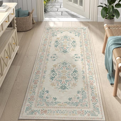 jinchan Vintage Floral Runner Rug 2x5 - Machine Washable Distressed Design Non-Slip Low-Pile Soft Thin Carpet for Hallway Kitchen Farmhouse Bedroom Entryway Laundry Room (2x5ft, Apricot Multi)