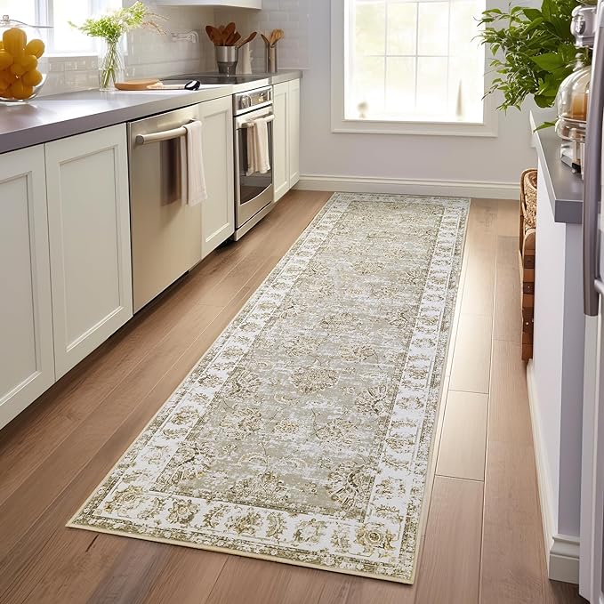 jinchan Fiora Hallway Runner Rug 3x8 Machine Washable Runner Rug Taupe Vintage Floral Design Non-Slip Low Pile Ultra-Thin for Kitchen Laundry Room Bedroom Farmhouse (3‘x8', Taupe)