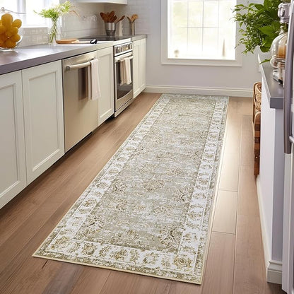 jinchan Fiora Hallway Runner Rug 3x8 Machine Washable Runner Rug Taupe Vintage Floral Design Non-Slip Low Pile Ultra-Thin for Kitchen Laundry Room Bedroom Farmhouse (3‘x8', Taupe)